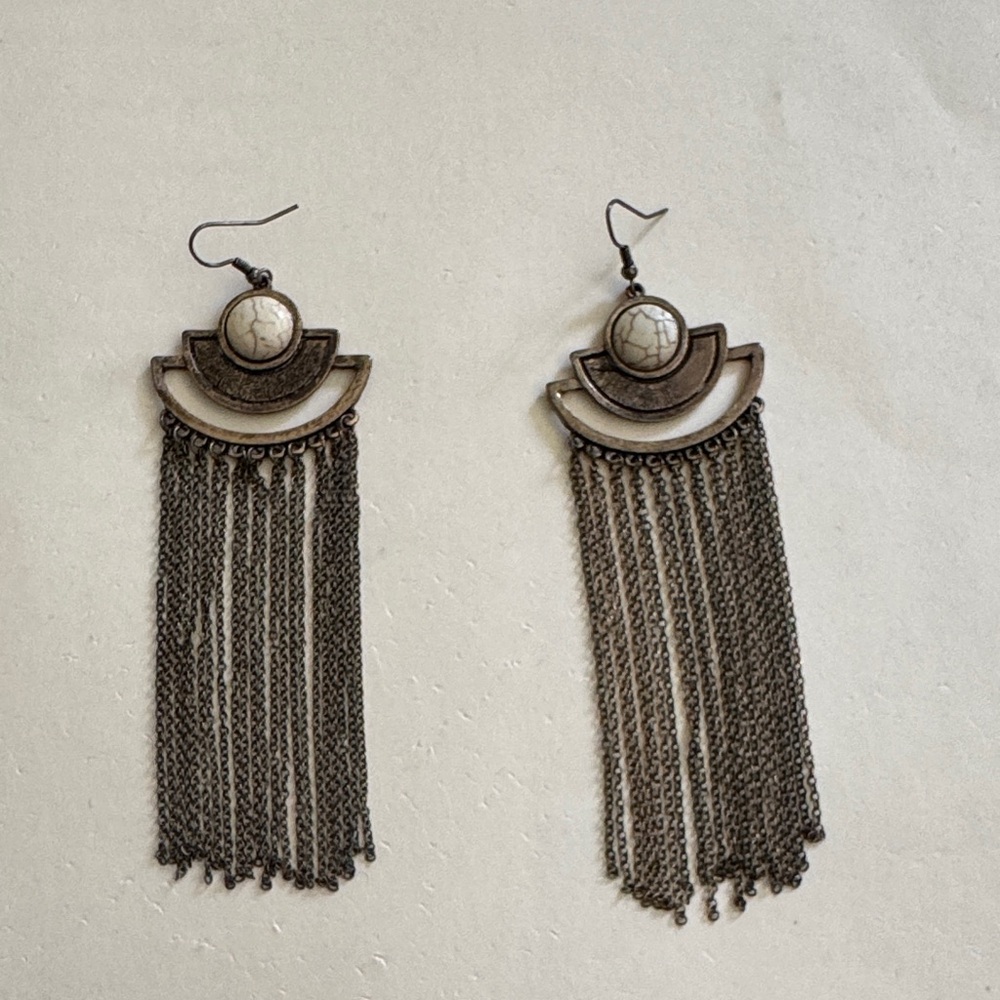 Retro earrings drop fringe chains crescent shape beige stone boho chandelier